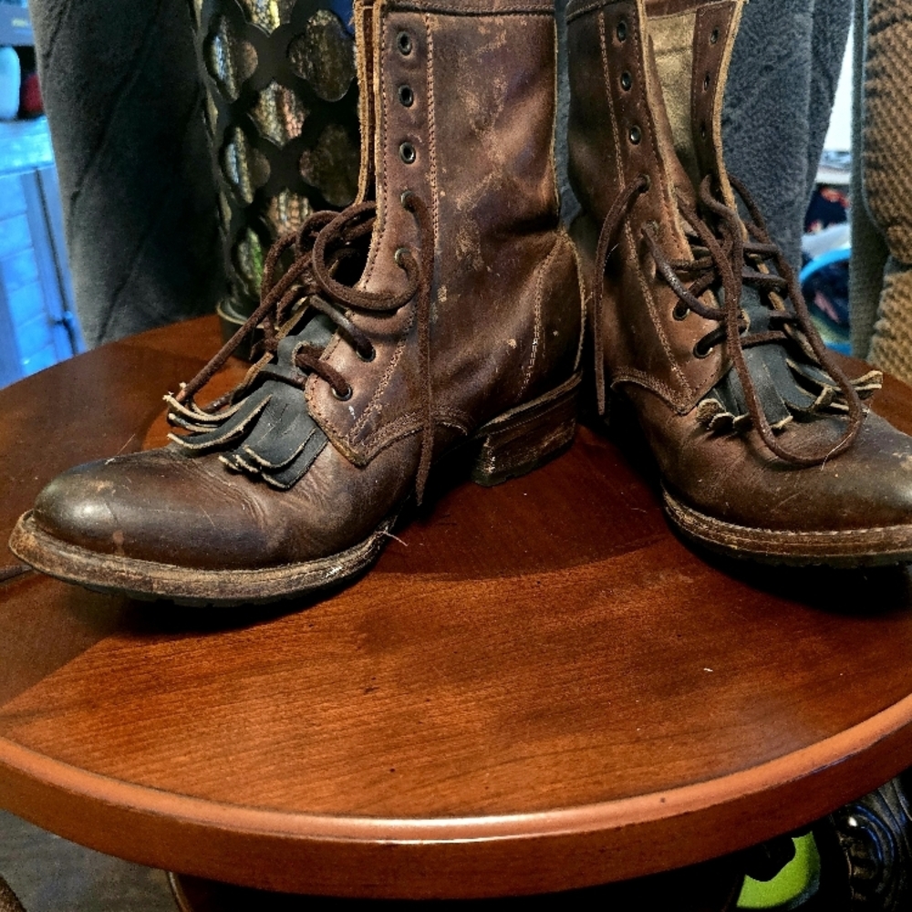 Brown Leather Lace-Up Boots with Distressed Finish